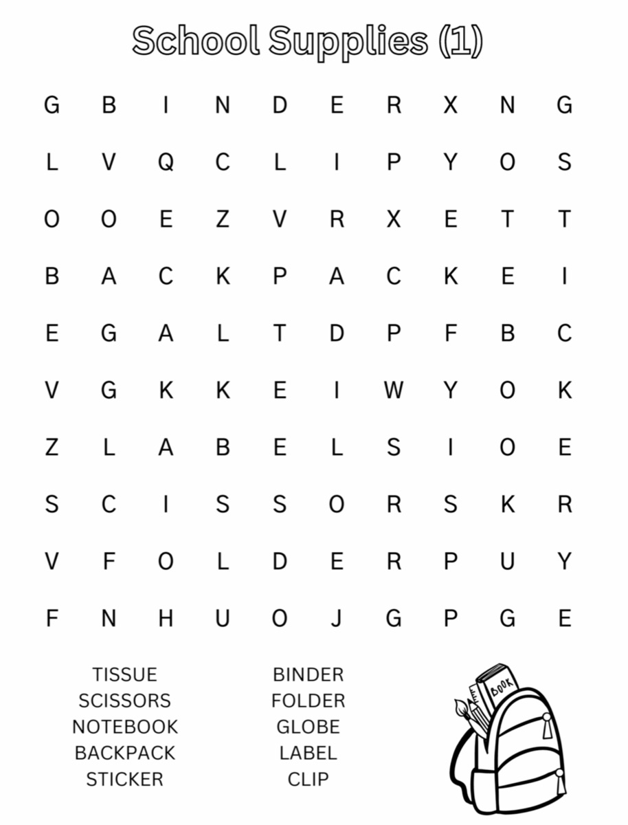 Sample interior page 1 from Fun at School Word Search for Kids ages 4–8
