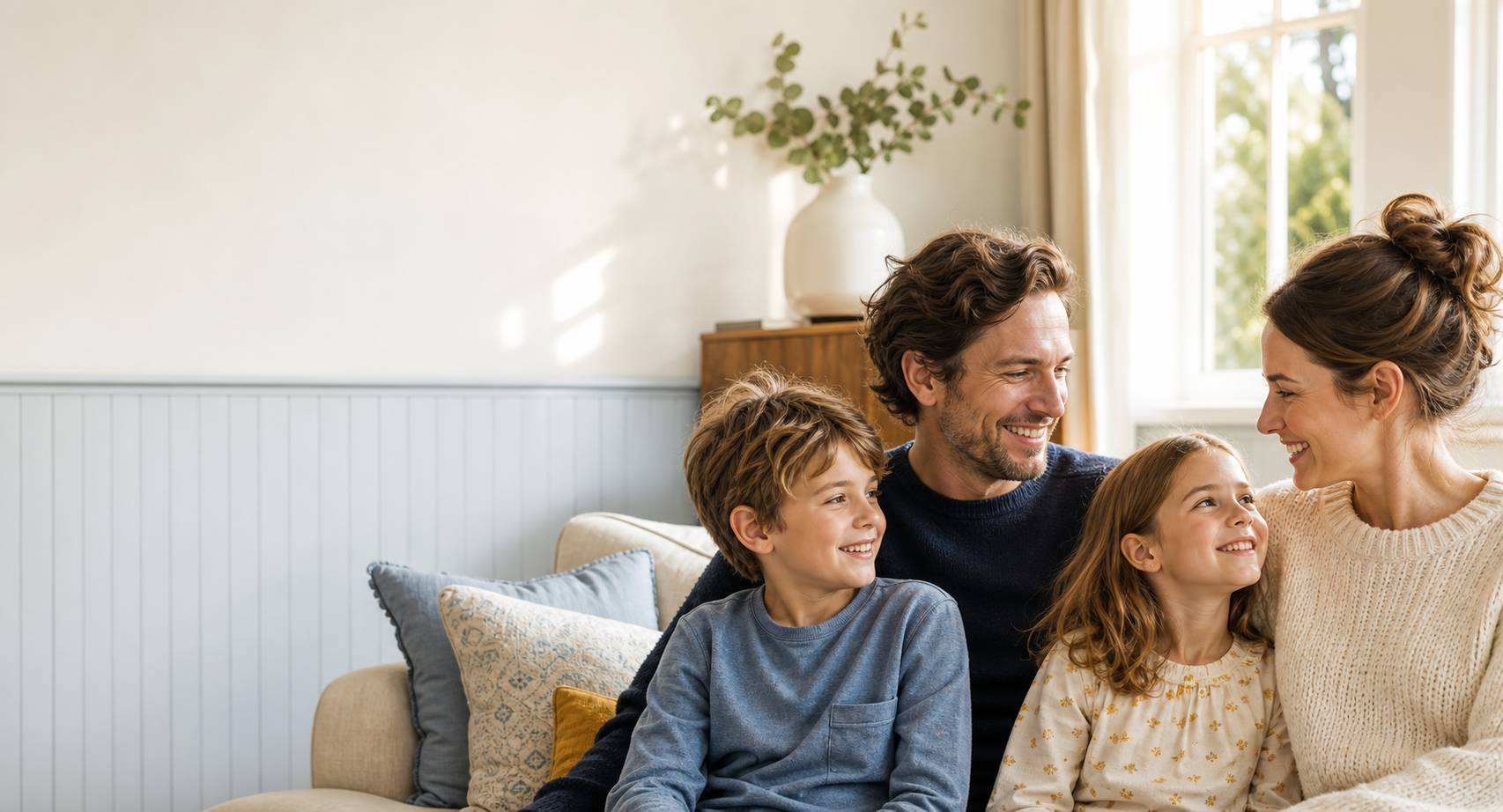 A cheerful family sharing a calm, connected moment together at home.
